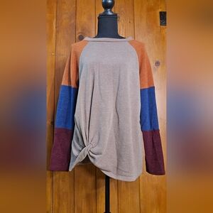 Gray and Tan Tie Front Long Sleeve Hoodie